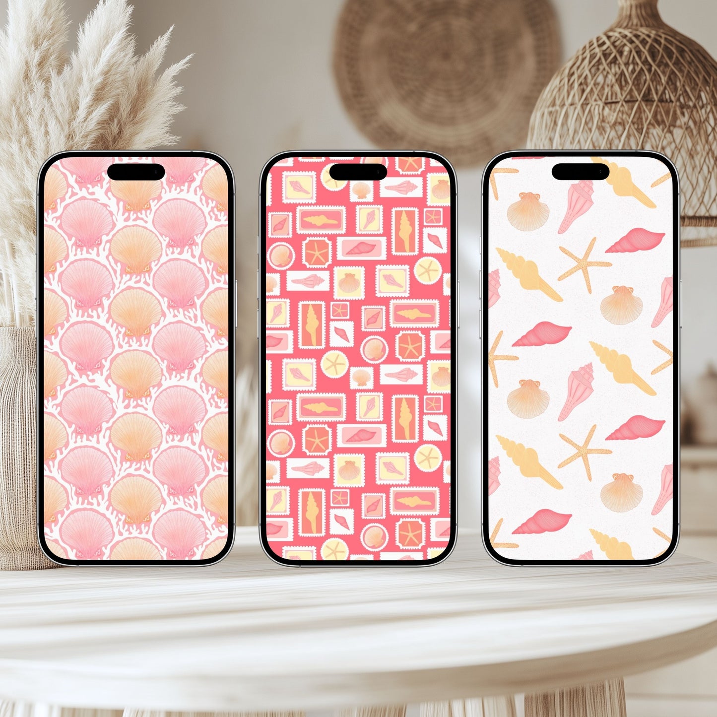 Seashell Cove Pink Wallpaper Set | Coastal Strawberry Aesthetic Phone, Tablet & Desktop Backgrounds | Cute Beach Digital Download