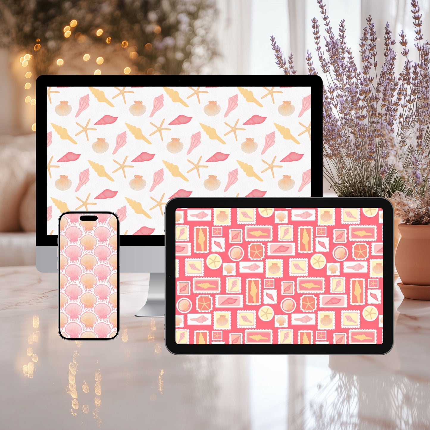 Seashell Cove Pink Wallpaper Set | Coastal Strawberry Aesthetic Phone, Tablet & Desktop Backgrounds | Cute Beach Digital Download