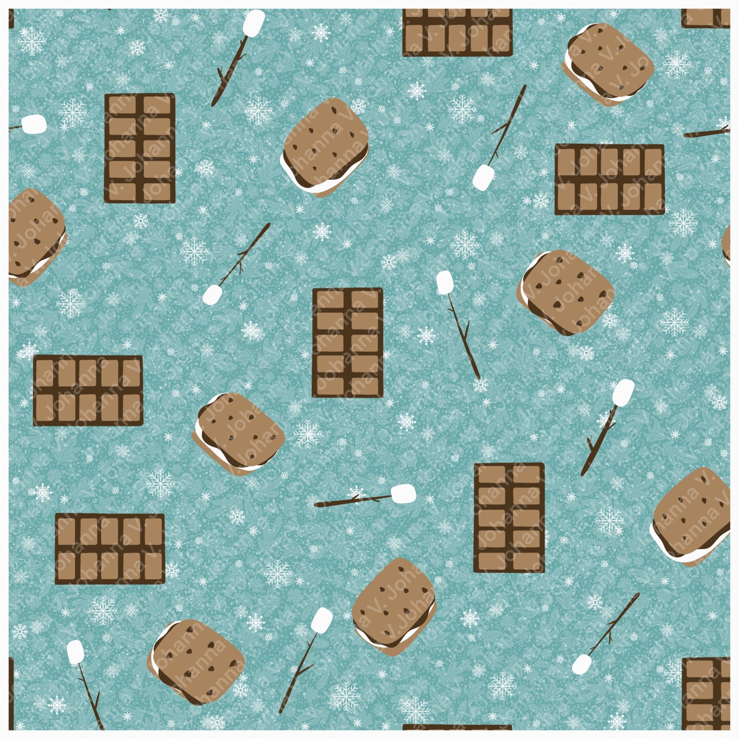 Cozy Winter Seamless Pattern Bundle Blue Green | S’mores, Snowmen, Mittens & Marshmallows | 12x12 PNG | Digital Download | Commercial & Personal