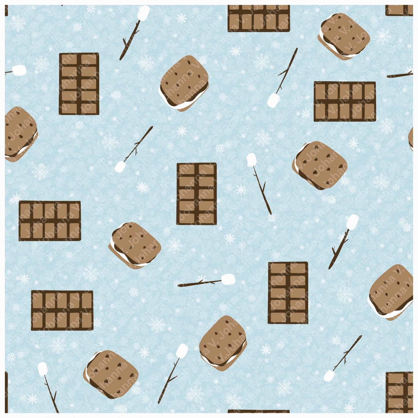 Cozy Winter Seamless Pattern Bundle Blue | S’mores, Snowmen, Mittens & Marshmallows | 12x12 PNG | Digital Download | Commercial & Personal