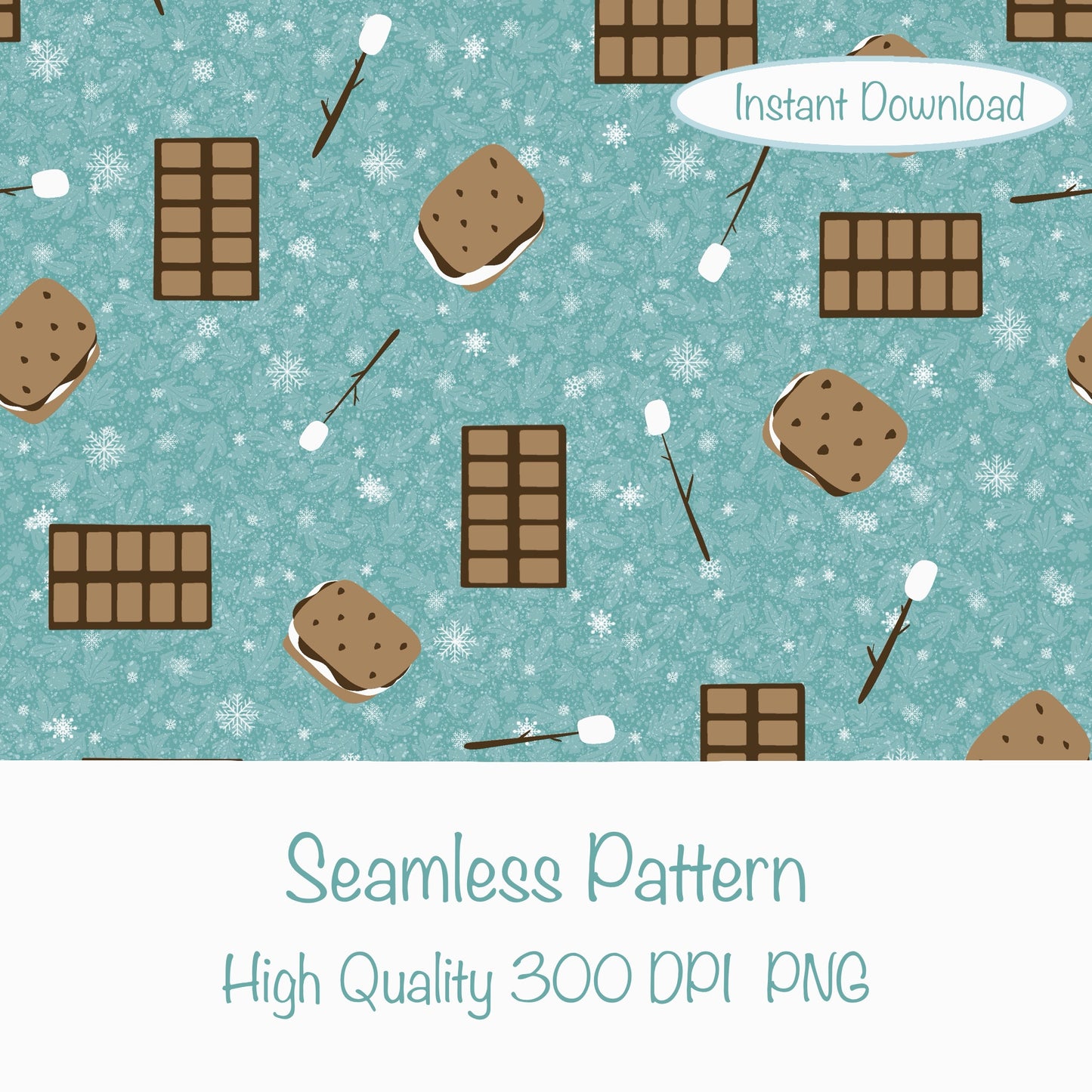 S’mores Seamless Pattern Blue Green | Campfire Treats PNG 12x12 | Cozy Dessert Design | Commercial Use