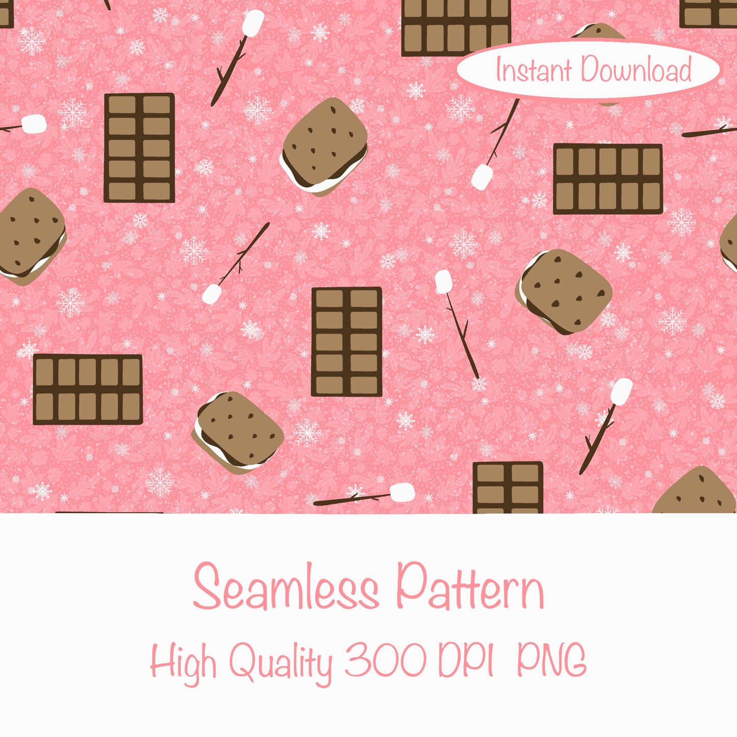 S’mores Seamless Pattern Pink | Campfire Treats PNG 12x12 | Cozy Dessert Design | Commercial Use