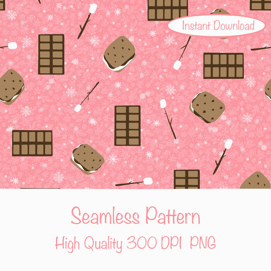 S’mores Seamless Pattern Pink | Campfire Treats PNG 12x12 | Cozy Dessert Design | Commercial Use