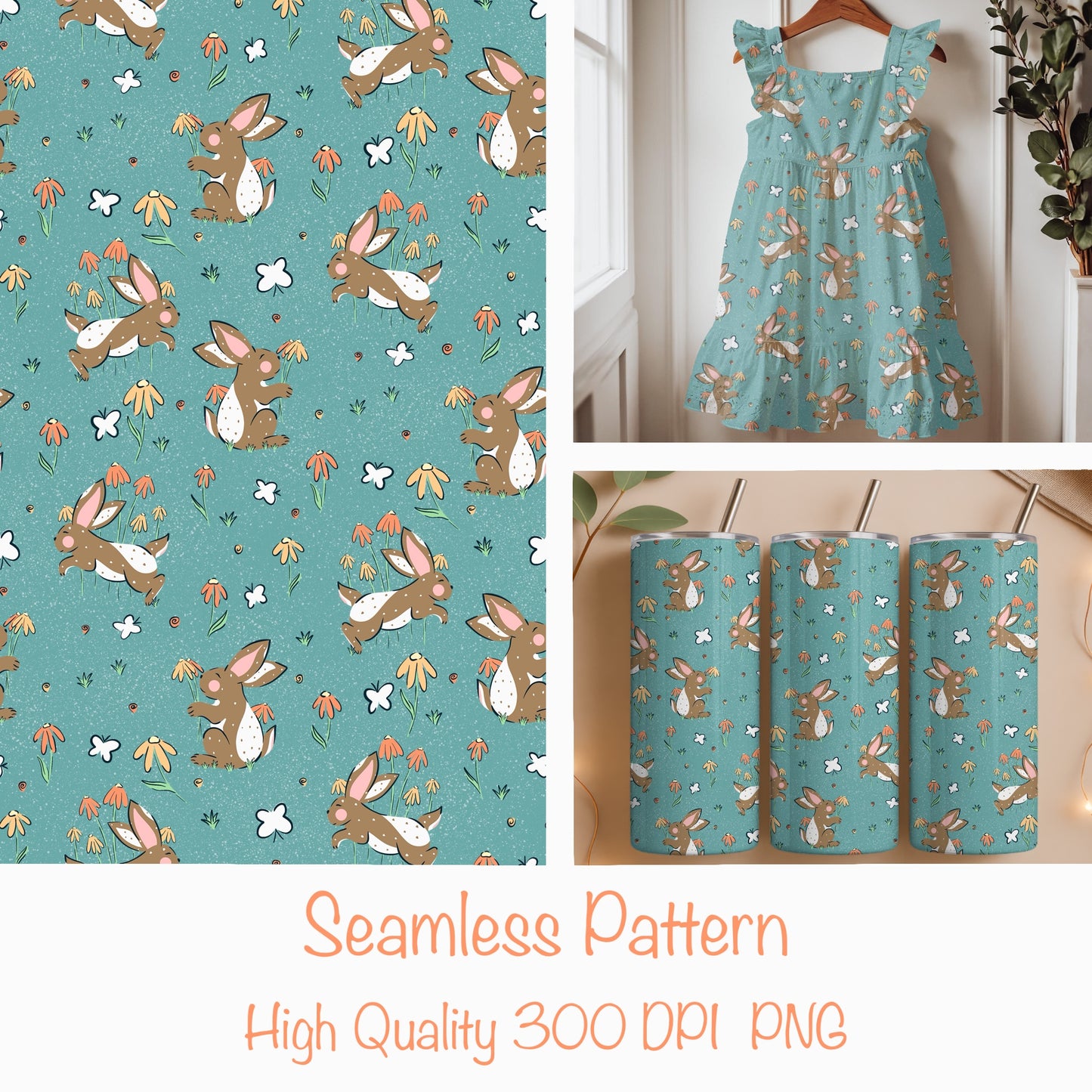 Seamless Bunny Floral Pattern Blue | Bunnies & Flowers | Cute Spring Digital Paper PNG for Sublimation & POD