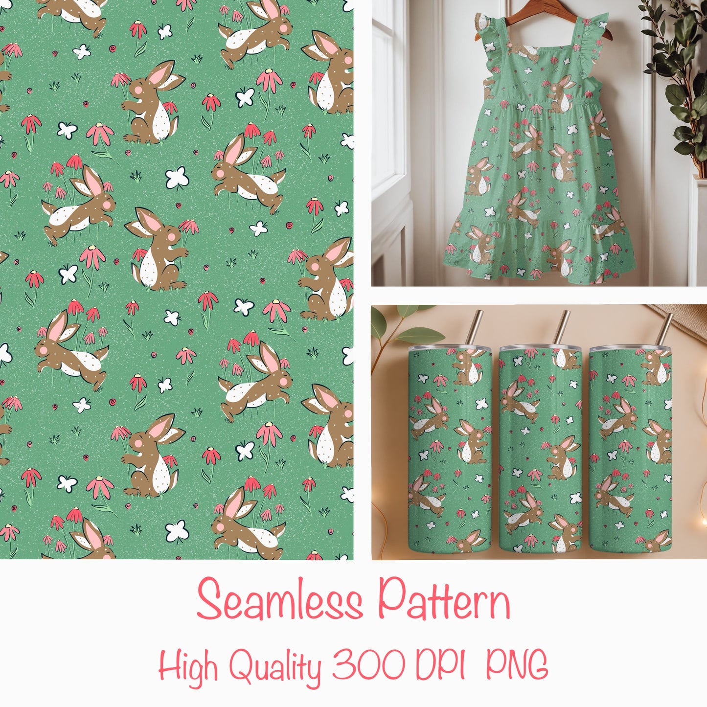 Seamless Bunny Floral Pattern Green | Bunnies & Flowers | Cute Spring Digital Paper PNG for Sublimation & POD