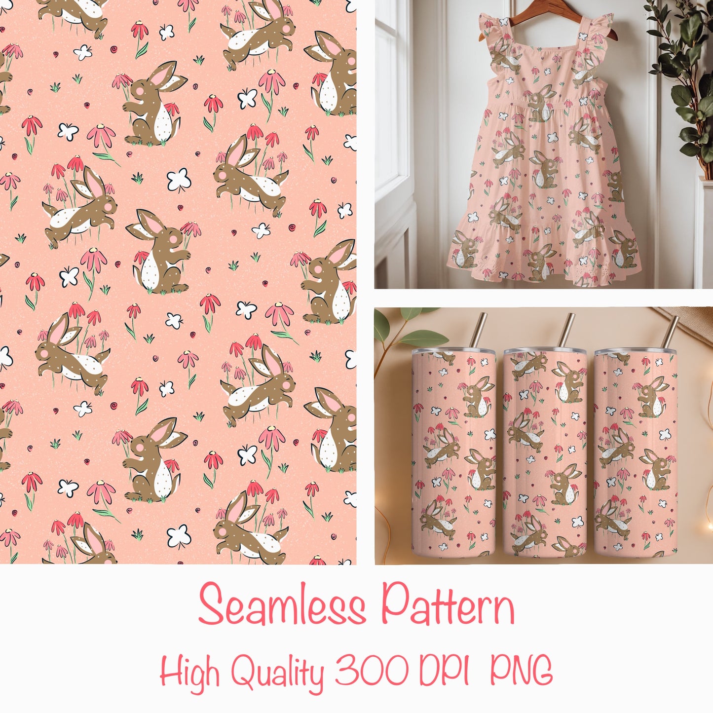 Seamless Bunny Floral Pattern Pink | Bunnies & Flowers | Cute Spring Digital Paper PNG for Sublimation & POD