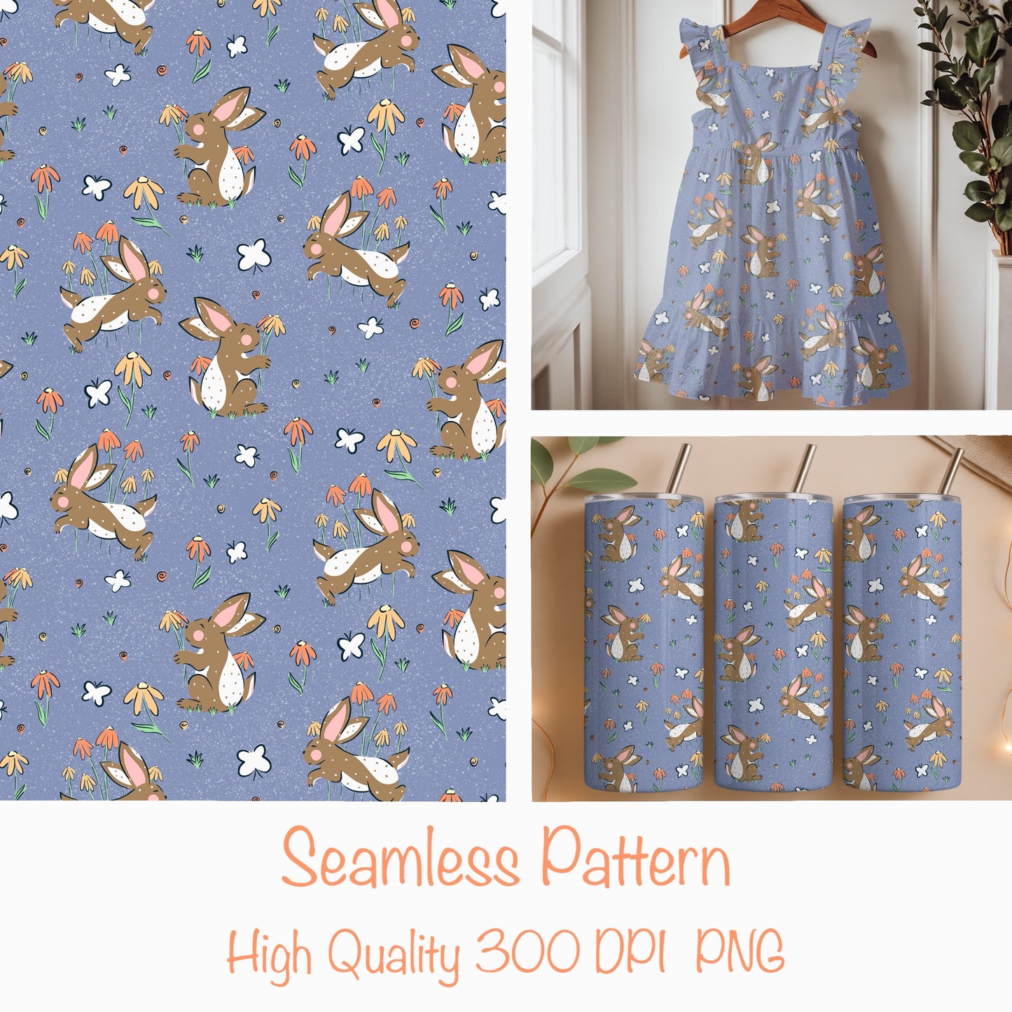 Seamless Bunny Floral Pattern Purple | Bunnies & Flowers | Cute Spring Digital Paper PNG for Sublimation & POD