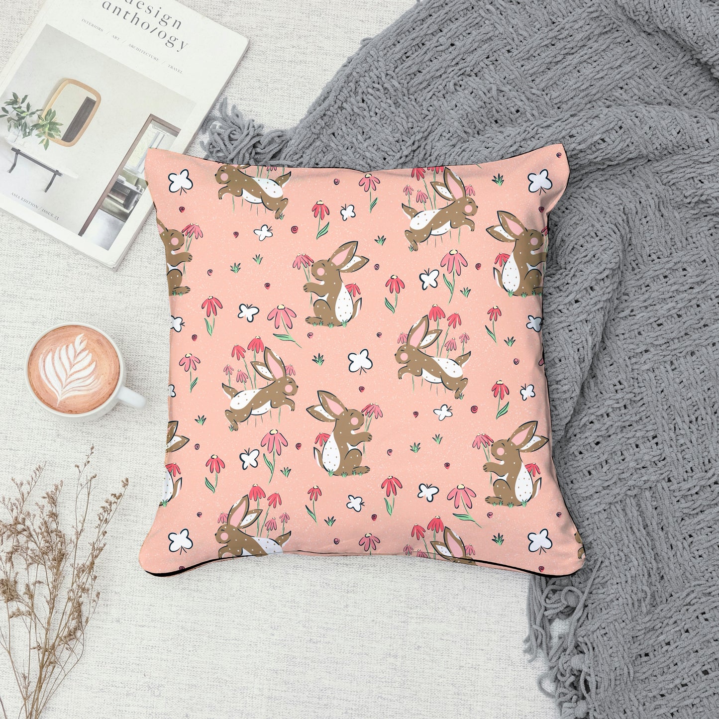 Seamless Bunny Floral Pattern Pink | Bunnies & Flowers | Cute Spring Digital Paper PNG for Sublimation & POD