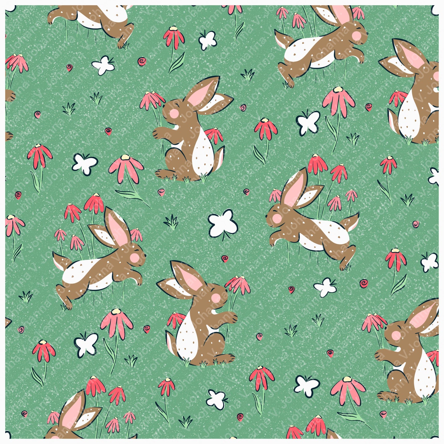 Seamless Bunny Floral Pattern Green | Bunnies & Flowers | Cute Spring Digital Paper PNG for Sublimation & POD