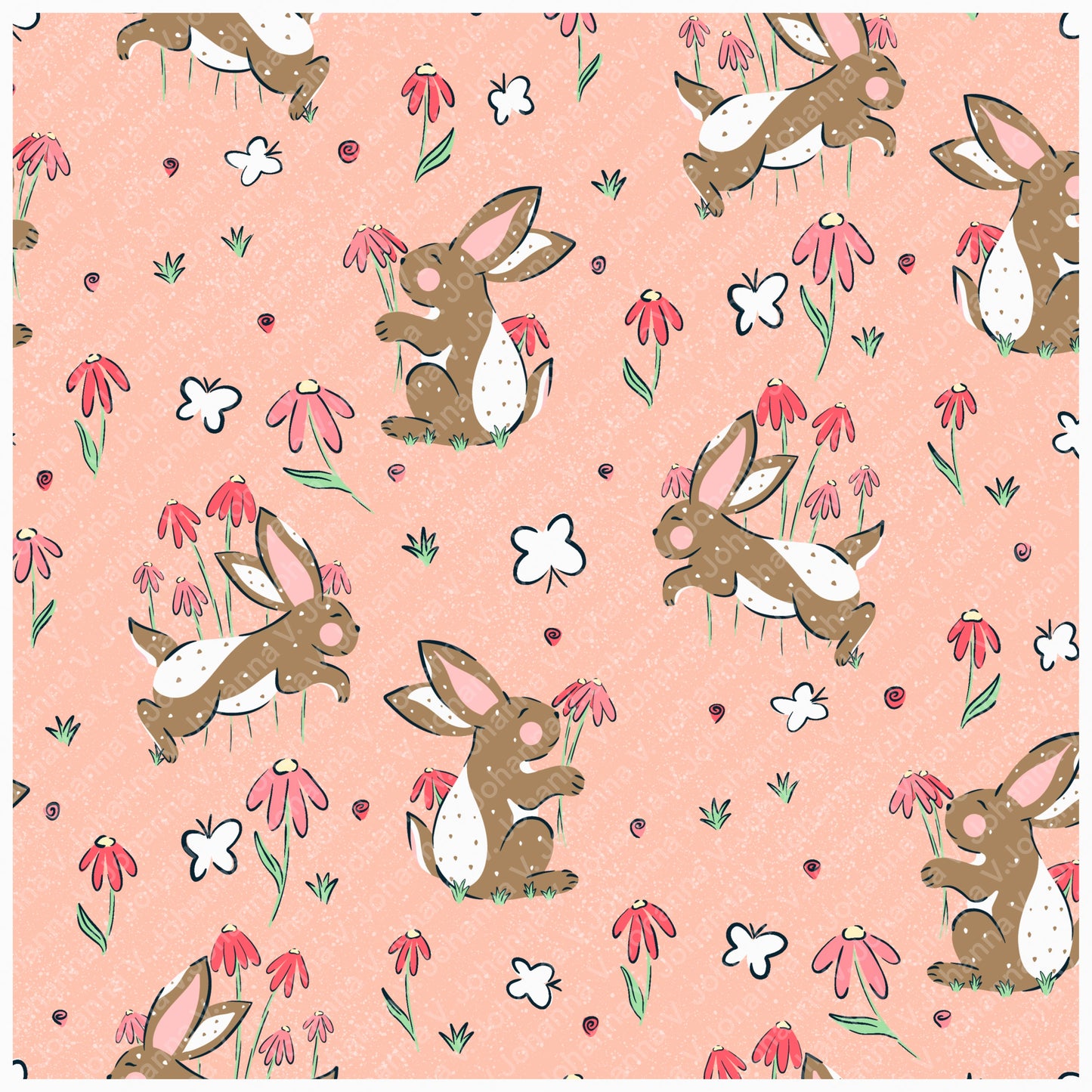 Seamless Bunny Floral Pattern Pink | Bunnies & Flowers | Cute Spring Digital Paper PNG for Sublimation & POD