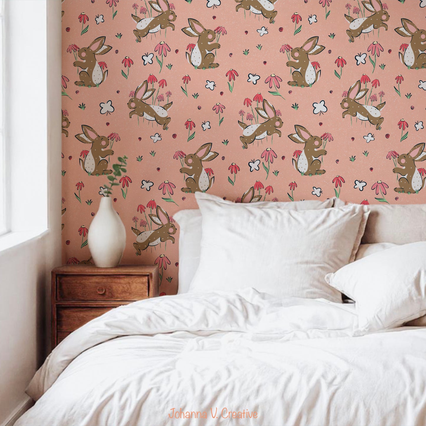 Seamless Bunny Floral Pattern Pink | Bunnies & Flowers | Cute Spring Digital Paper PNG for Sublimation & POD