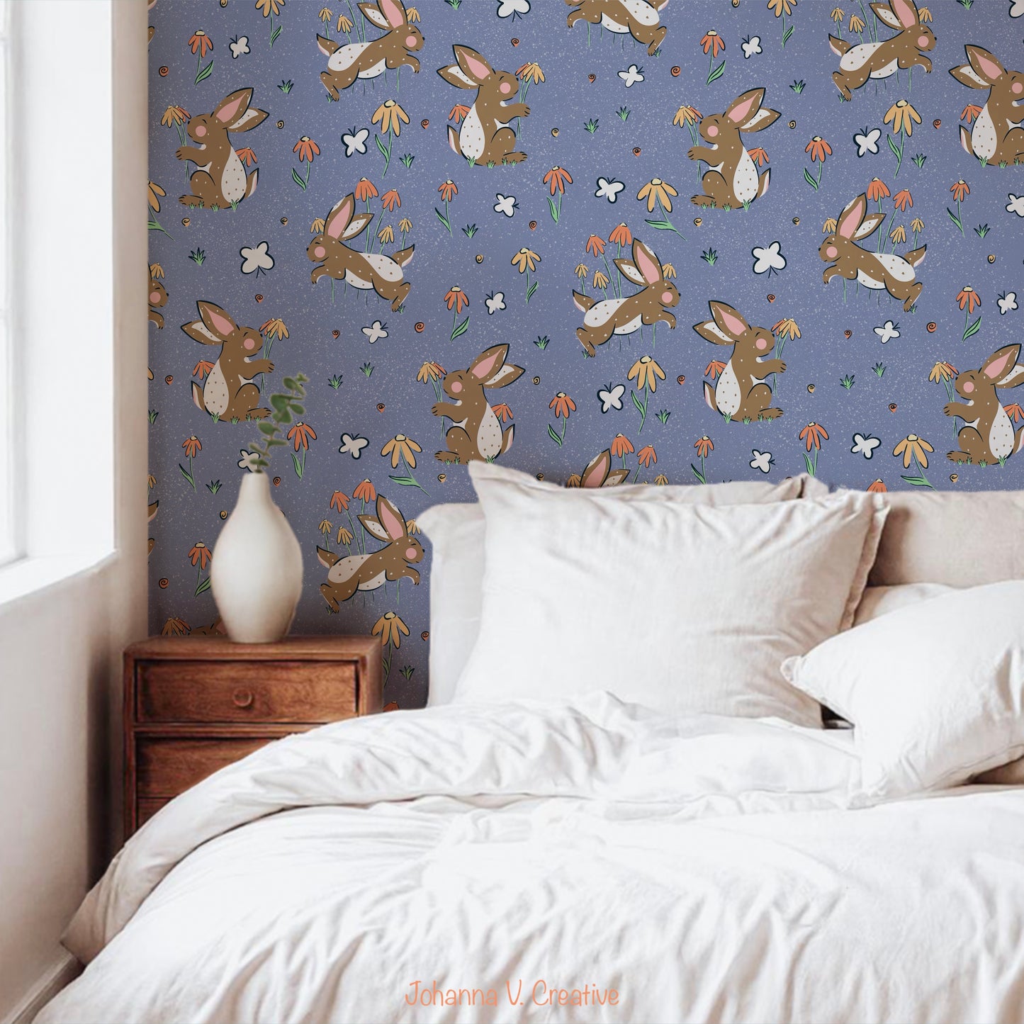 Seamless Bunny Floral Pattern Purple | Bunnies & Flowers | Cute Spring Digital Paper PNG for Sublimation & POD