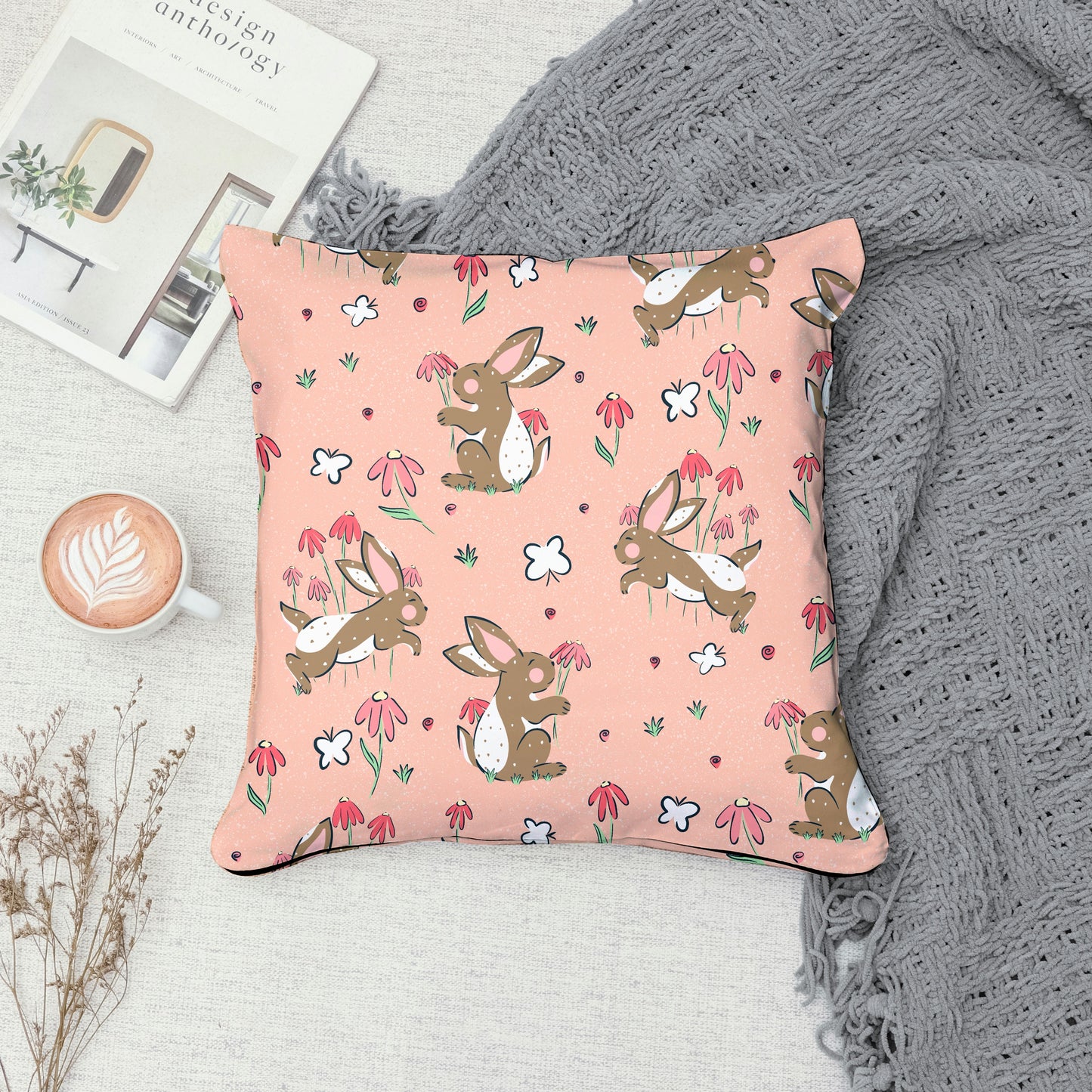 Seamless Bunny Floral Pattern Peach | Spring Bunnies & Flowers | Cute Digital Paper PNG for Sublimation & POD