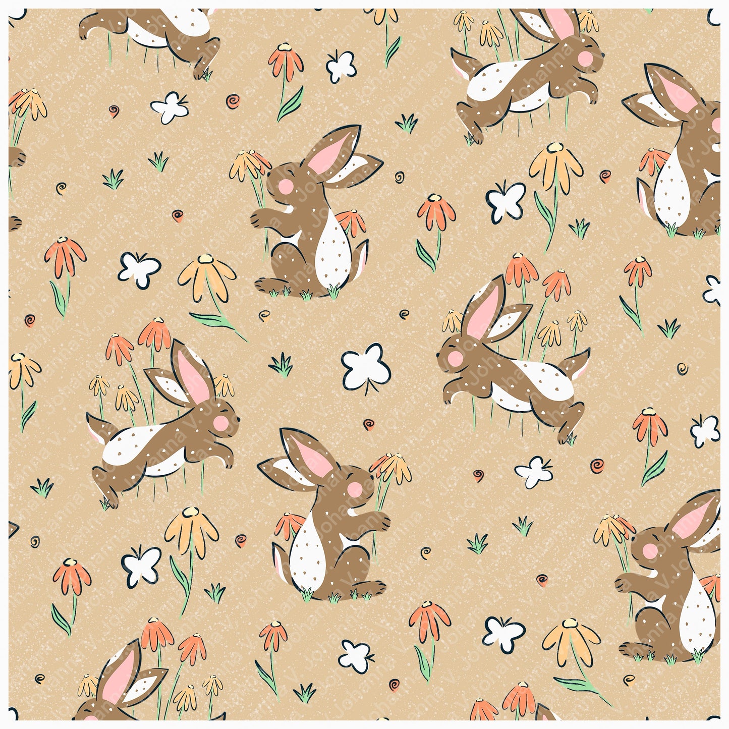 Spring Bunny Pattern Collection Orange | Bunnies, Flowers & Carrots | Seamless Digital Paper PNG for Sublimation & POD