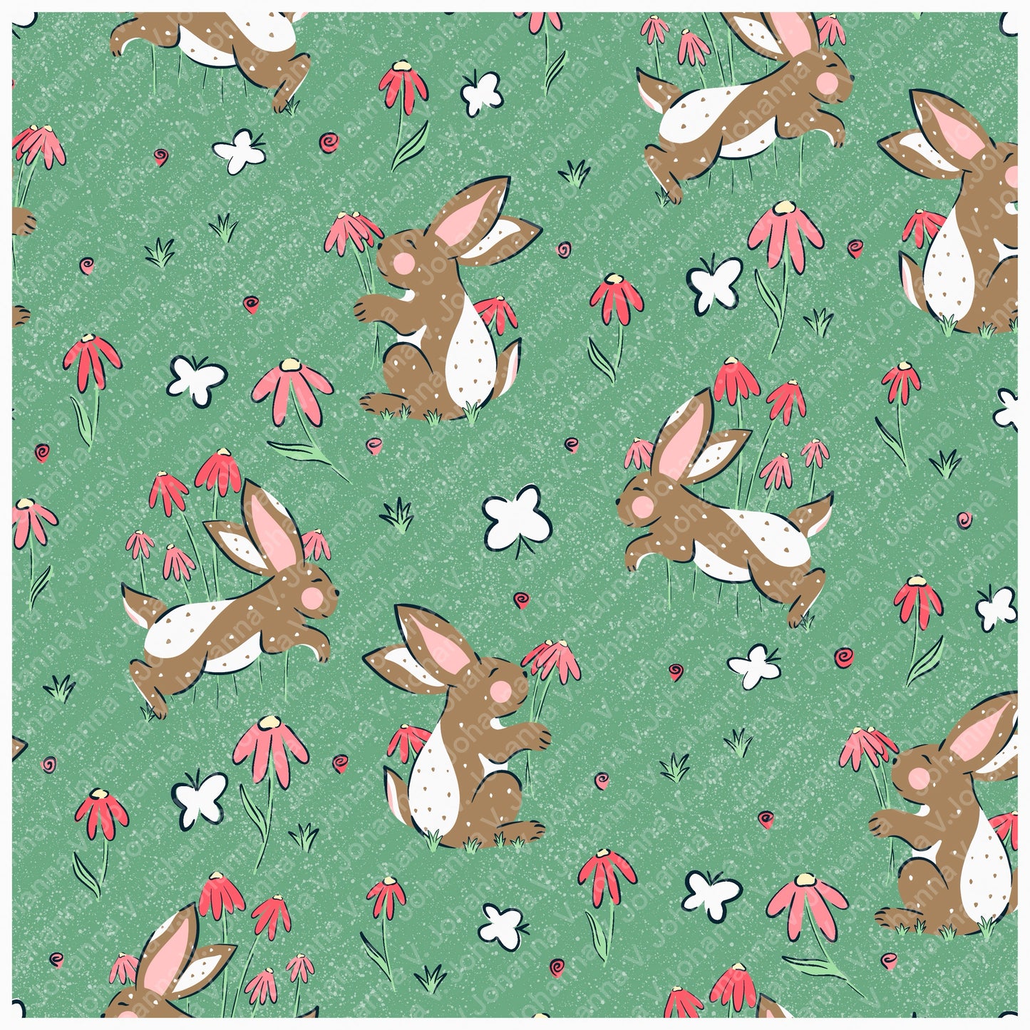 Spring Bunny Pattern Collection Green | Bunnies, Flowers & Carrots | Seamless Digital Paper PNG for Sublimation & POD