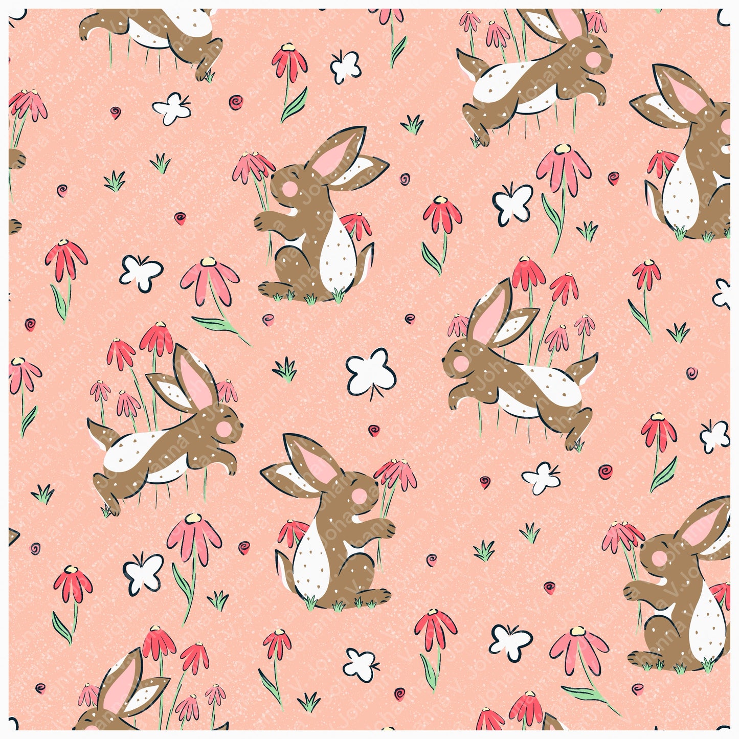 Spring Bunny Pattern Collection Peach | Bunnies, Flowers & Carrots | Seamless Digital Paper PNG for Sublimation & POD