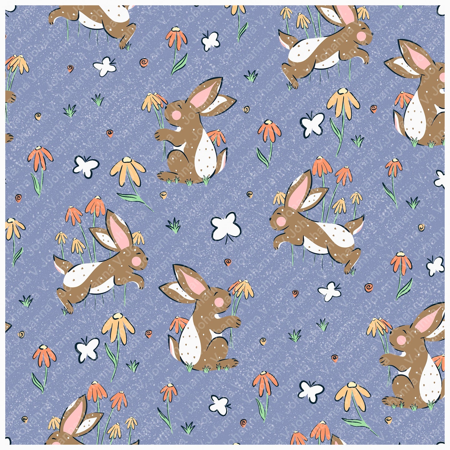 Seamless Bunny Floral Pattern Purple | Spring Bunnies & Flowers | Cute Digital Paper PNG for Sublimation & POD