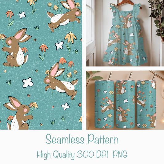 Seamless Bunny Floral Pattern Blue | Spring Bunnies & Flowers | Cute Digital Paper PNG for Sublimation & POD