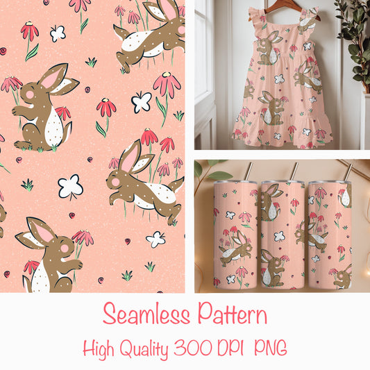 Seamless Bunny Floral Pattern Peach | Spring Bunnies & Flowers | Cute Digital Paper PNG for Sublimation & POD