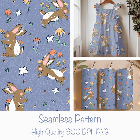 Seamless Bunny Floral Pattern Purple | Spring Bunnies & Flowers | Cute Digital Paper PNG for Sublimation & POD