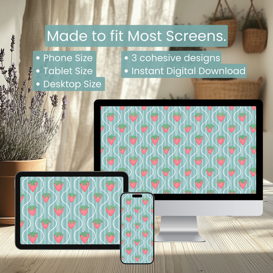 Strawberry Wallpaper Aesthetic | Cute Vintage Strawberry Phone, Tablet & Desktop Background | Cottagecore Digital Download