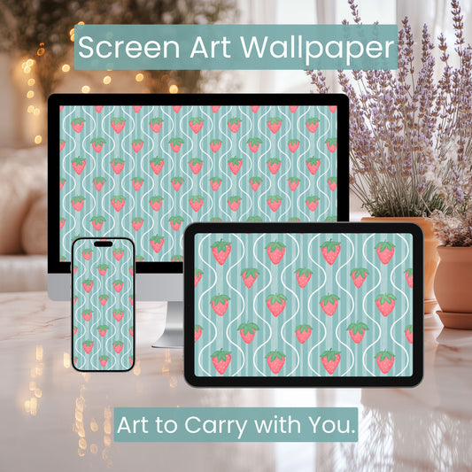 Strawberry Wallpaper Aesthetic | Cute Vintage Strawberry Phone, Tablet & Desktop Background | Cottagecore Digital Download