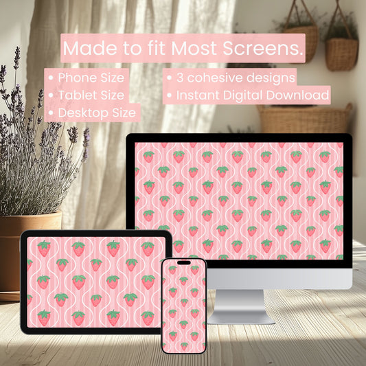 Pink Strawberry Wallpaper Aesthetic | Cute Cottagecore Phone, Tablet & Desktop Background | Soft Girly Digital Download