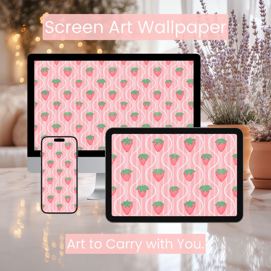Pink Strawberry Wallpaper Aesthetic | Cute Cottagecore Phone, Tablet & Desktop Background | Soft Girly Digital Download