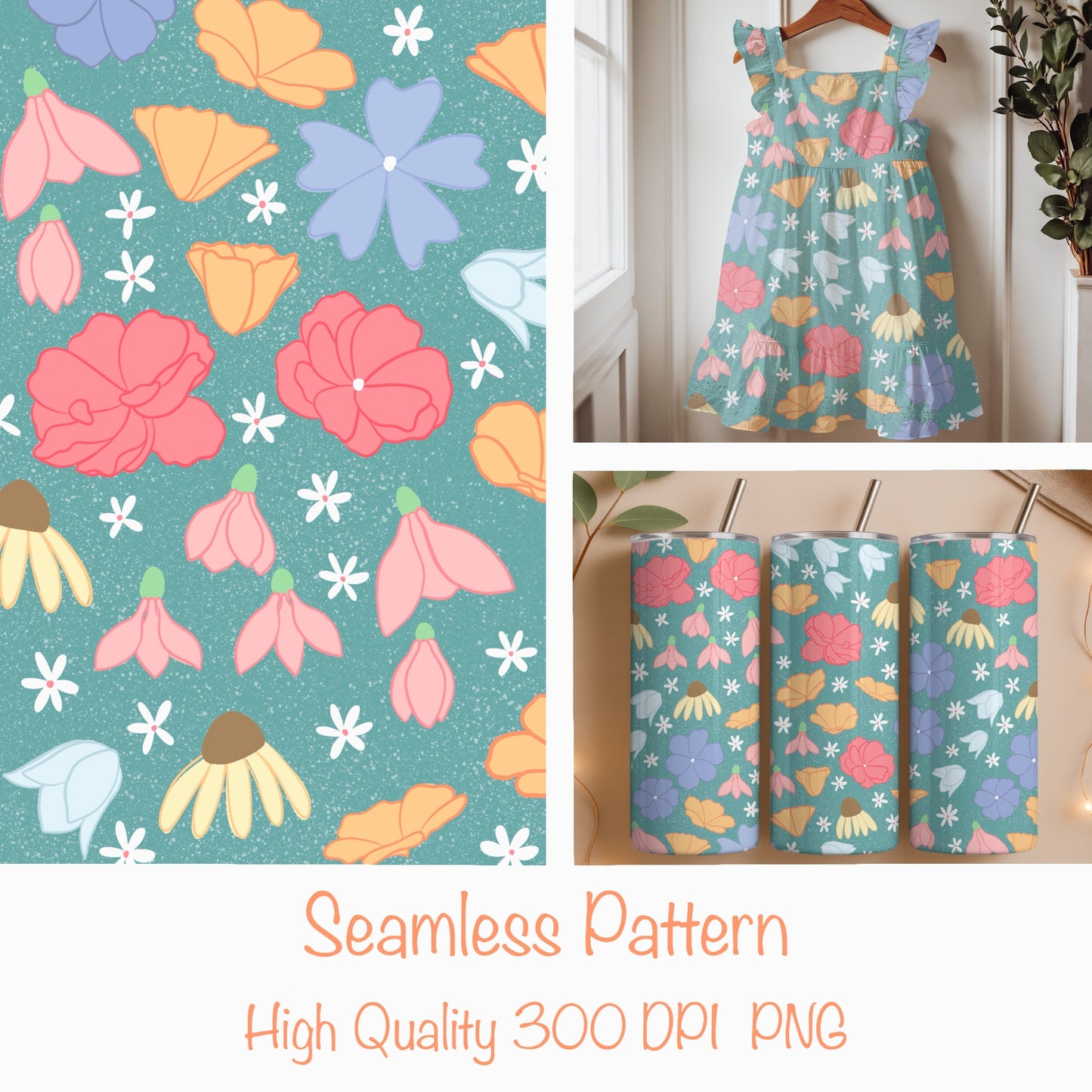 Seamless Wildflower Pattern Blue | Meadow Flowers & Botanicals | Spring Floral Digital Paper PNG for POD
