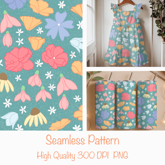 Seamless Wildflower Pattern Blue | Meadow Flowers & Botanicals | Spring Floral Digital Paper PNG for POD