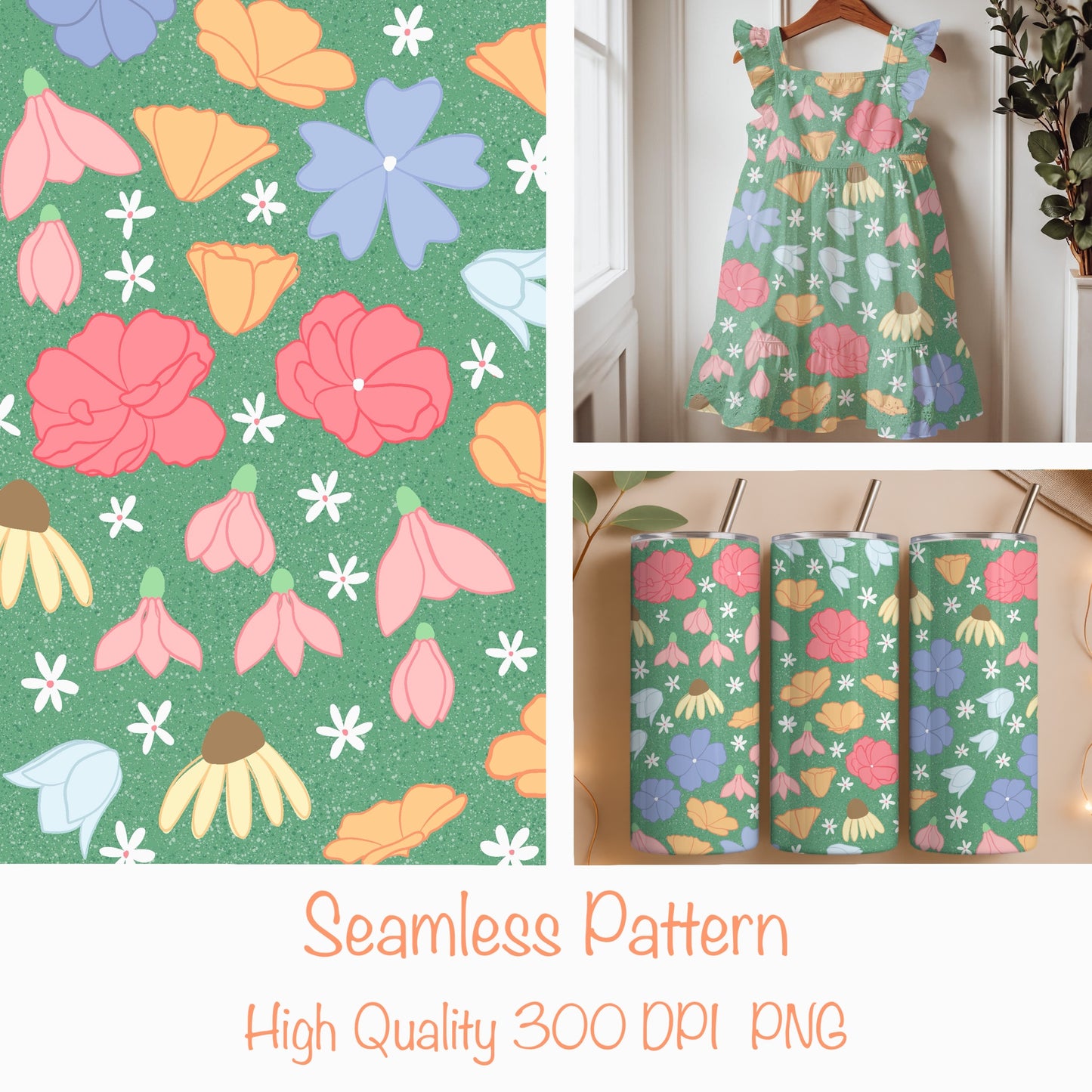 Seamless Wildflower Pattern Green | Meadow Flowers & Botanicals | Spring Floral Digital Paper PNG for POD