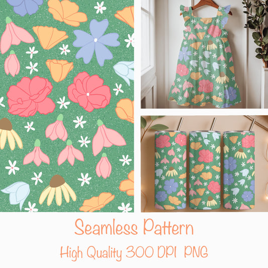 Seamless Wildflower Pattern Green | Meadow Flowers & Botanicals | Spring Floral Digital Paper PNG for POD