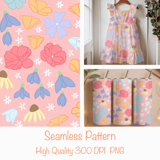 Seamless Wildflower Pattern Pink | Meadow Flowers & Botanicals | Spring Floral Digital Paper PNG for POD
