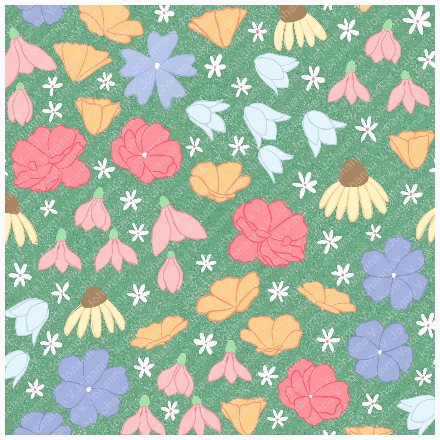 Seamless Wildflower Pattern Green | Meadow Flowers & Botanicals | Spring Floral Digital Paper PNG for POD