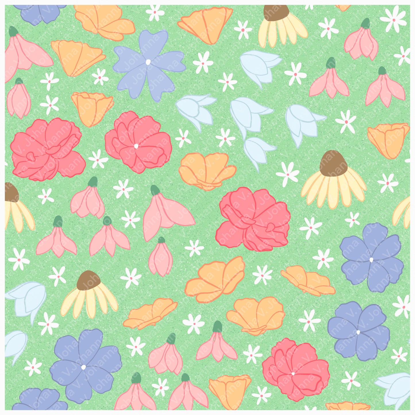 Seamless Wildflower Pattern Light Green | Meadow Flowers & Botanicals | Spring Floral Digital Paper PNG for POD