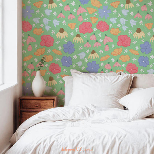 Seamless Wildflower Pattern Light Green | Meadow Flowers & Botanicals | Spring Floral Digital Paper PNG for POD