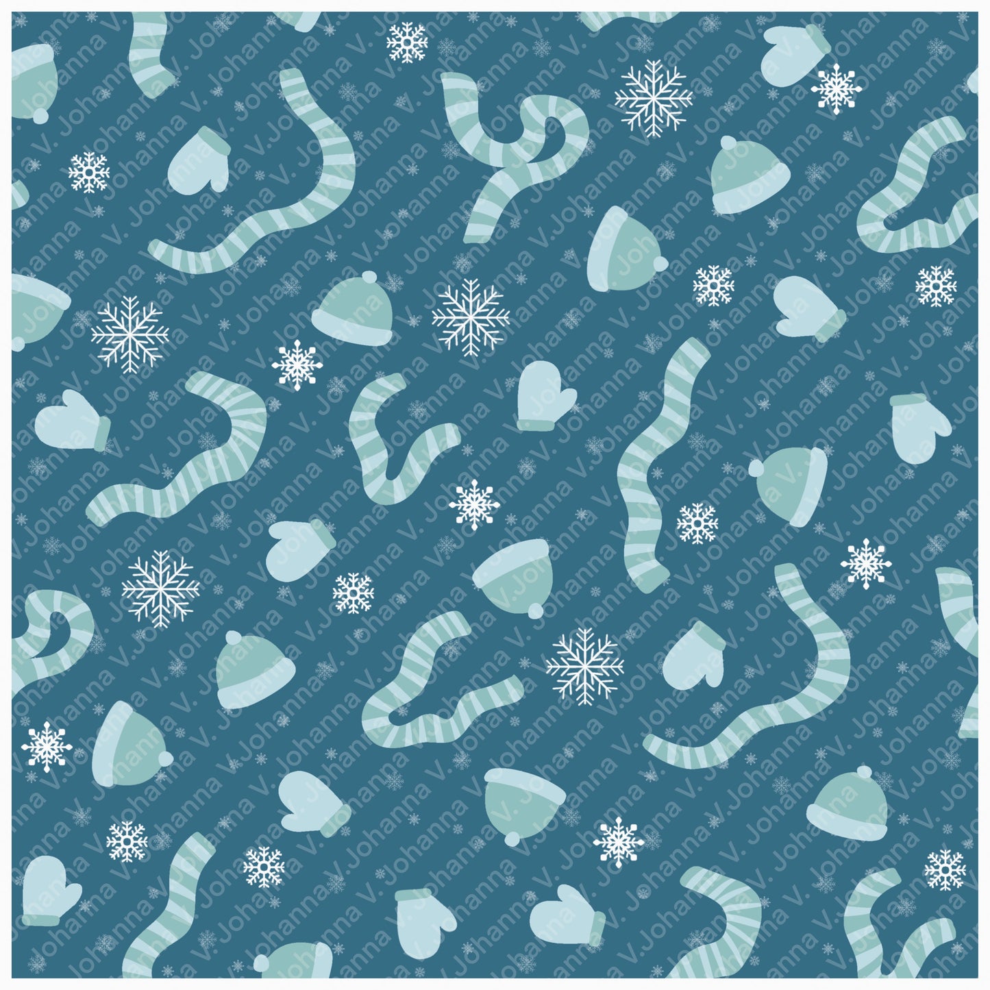 Winter Apparel Seamless Pattern Blue Green | Hats, Mittens & Scarves | Cozy Winter PNG 12x12 | Personal & Commercial Use