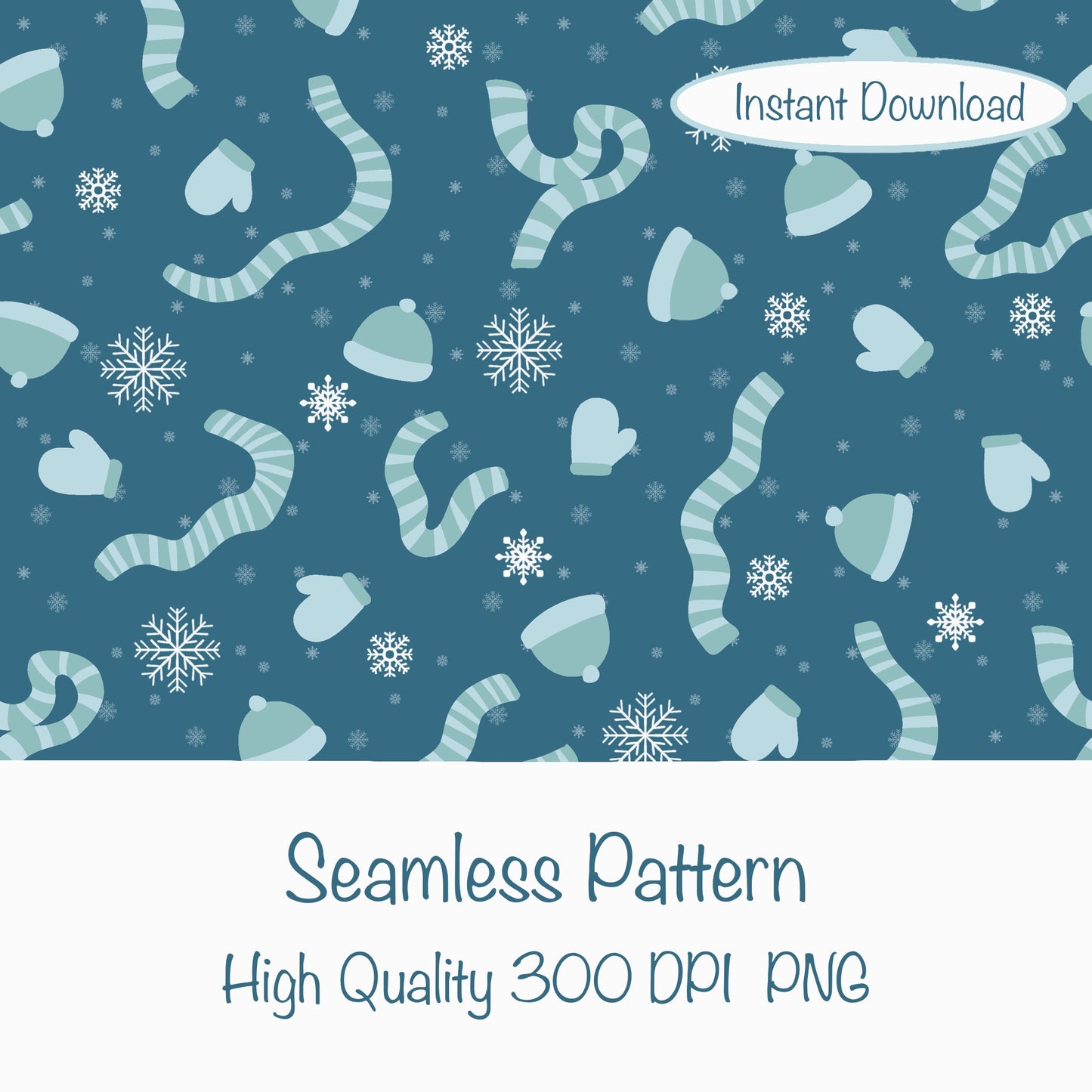 Winter Apparel Seamless Pattern Blue Green | Hats, Mittens & Scarves | Cozy Winter PNG 12x12 | Personal & Commercial Use