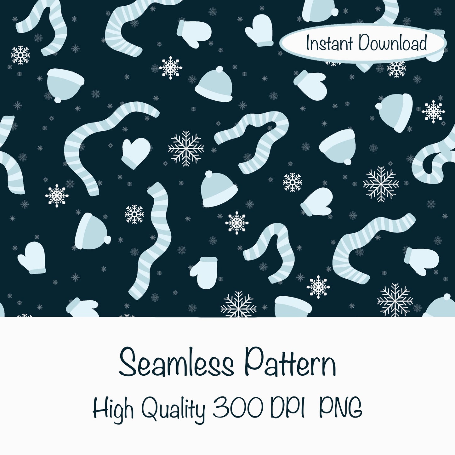 Winter Apparel Seamless Pattern Blue | Hats, Mittens & Scarves | Cozy Winter PNG 12x12 | Personal & Commercial Use