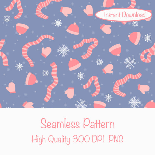 Winter Apparel Seamless Pattern Pink | Hats, Mittens & Scarves | Cozy Winter PNG 12x12 | Personal & Commercial Use