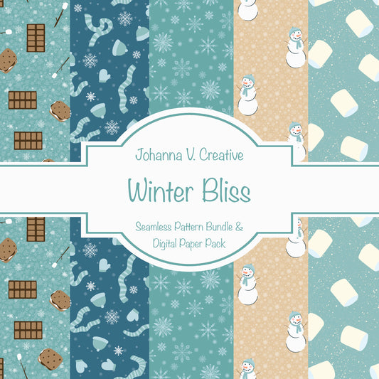 Cozy Winter Seamless Pattern Bundle Blue Green | S’mores, Snowmen, Mittens & Marshmallows | 12x12 PNG | Digital Download | Commercial & Personal
