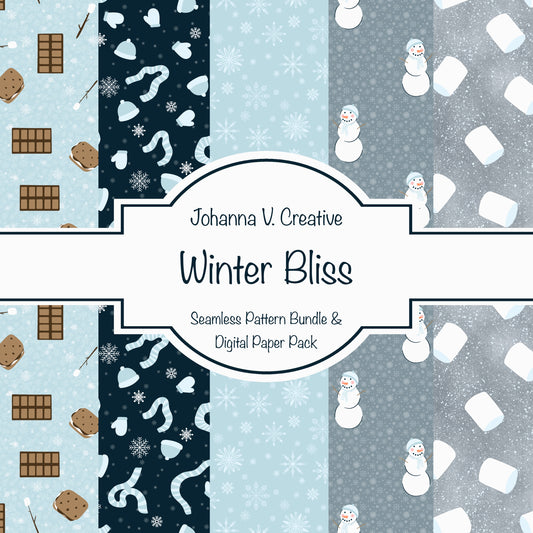 Cozy Winter Seamless Pattern Bundle Blue | S’mores, Snowmen, Mittens & Marshmallows | 12x12 PNG | Digital Download | Commercial & Personal