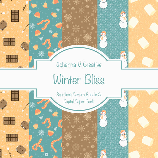 Cozy Winter Seamless Pattern Bundle Orange | S’mores, Snowmen, Mittens & Marshmallows | 12x12 PNG | Digital Download | Commercial & Personal