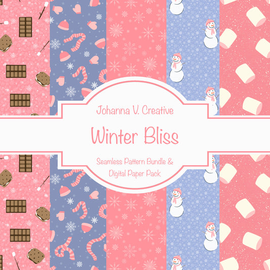 Cozy Winter Seamless Pattern Bundle Pink | S’mores, Snowmen, Mittens & Marshmallows | 12x12 PNG | Digital Download | Commercial & Personal