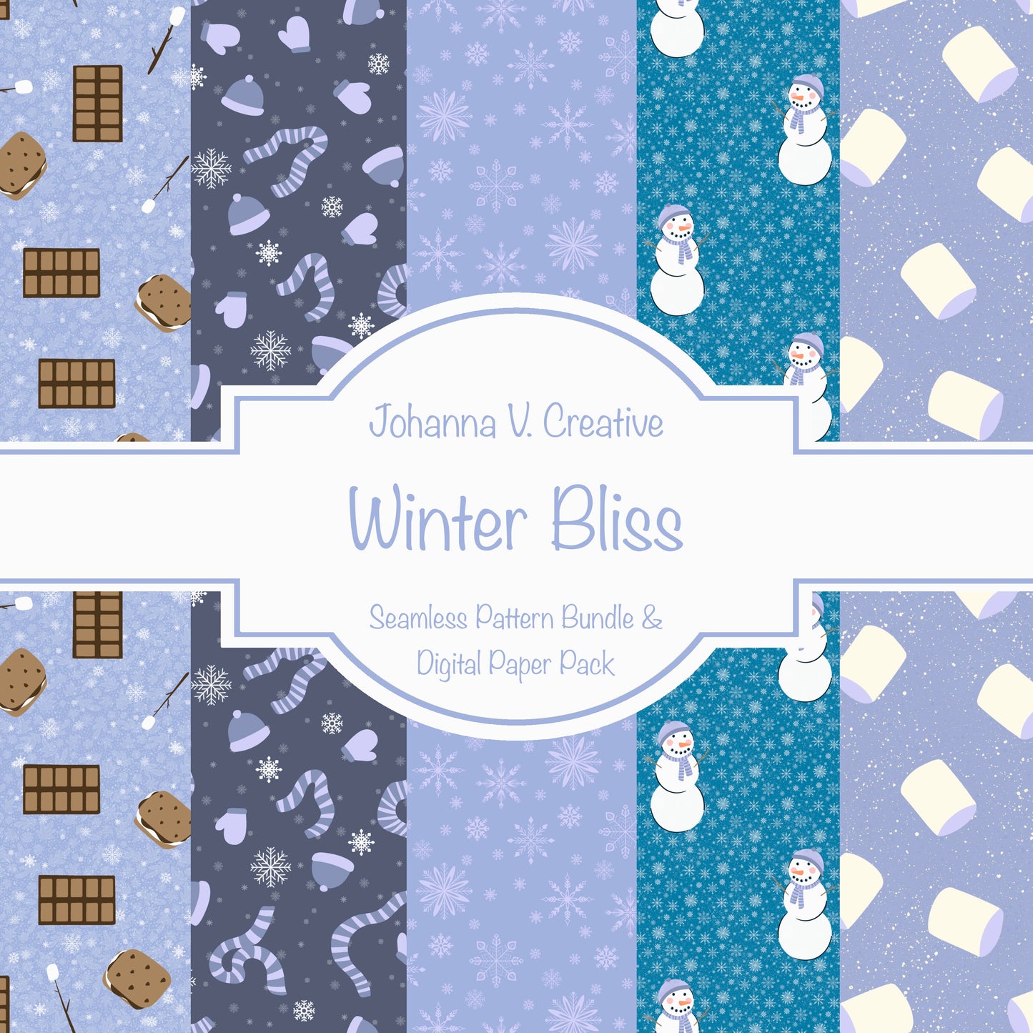 Cozy Winter Seamless Pattern Bundle Purple | S’mores, Snowmen, Mittens & Marshmallows | 12x12 PNG | Digital Download | Commercial & Personal