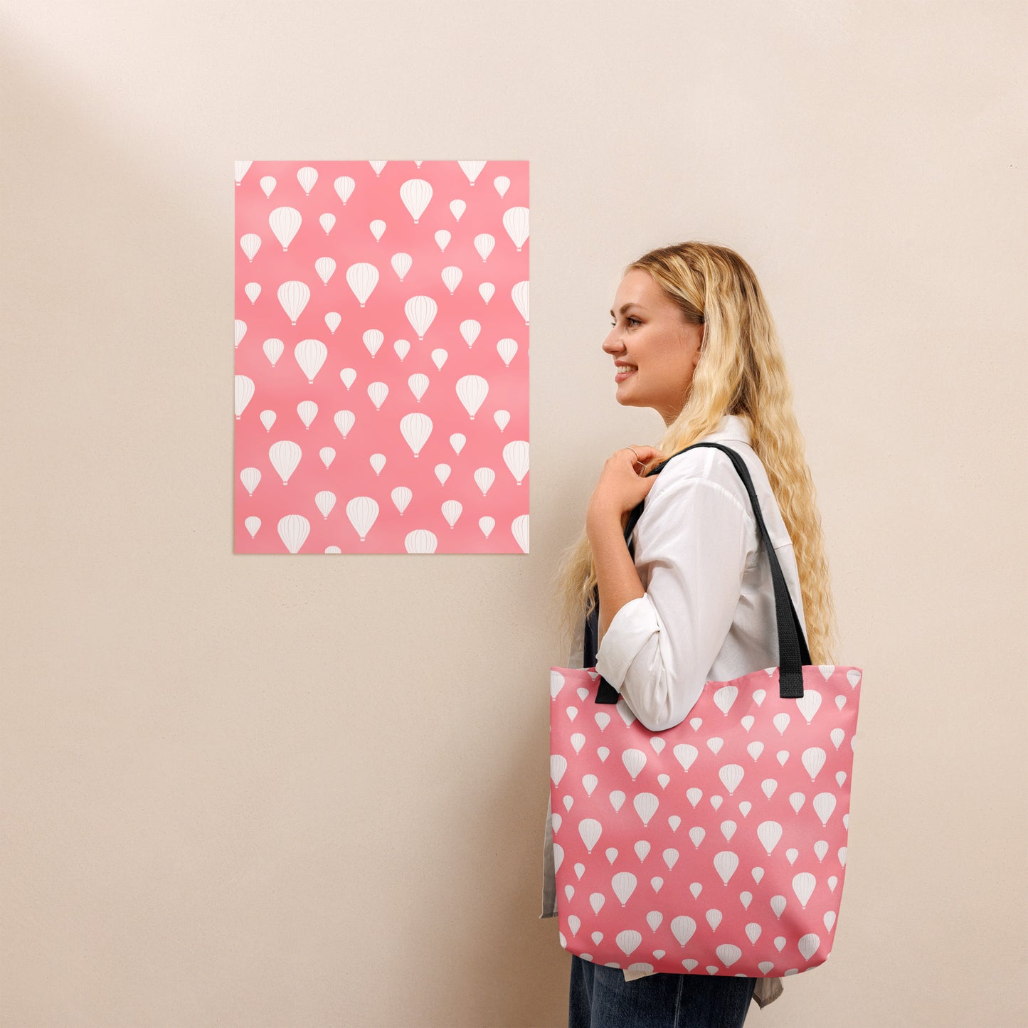 Drifting Balloons Tote Bag – Pink Hot Air Balloon Tote | Blush Aesthetic Everyday Bag | Whimsical Sky Print Reusable Tote