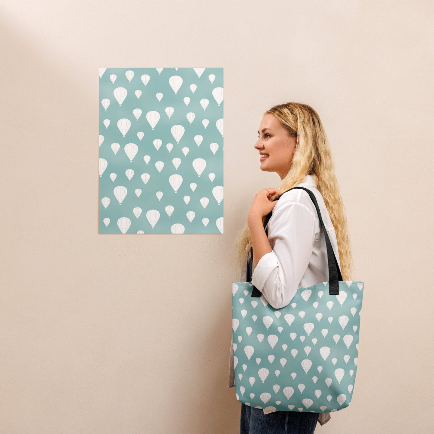 Drifting Balloons Tote Bag – Teal Hot Air Balloon Tote | Coastal Aesthetic Everyday Bag | Whimsical Sky Print Reusable Tote