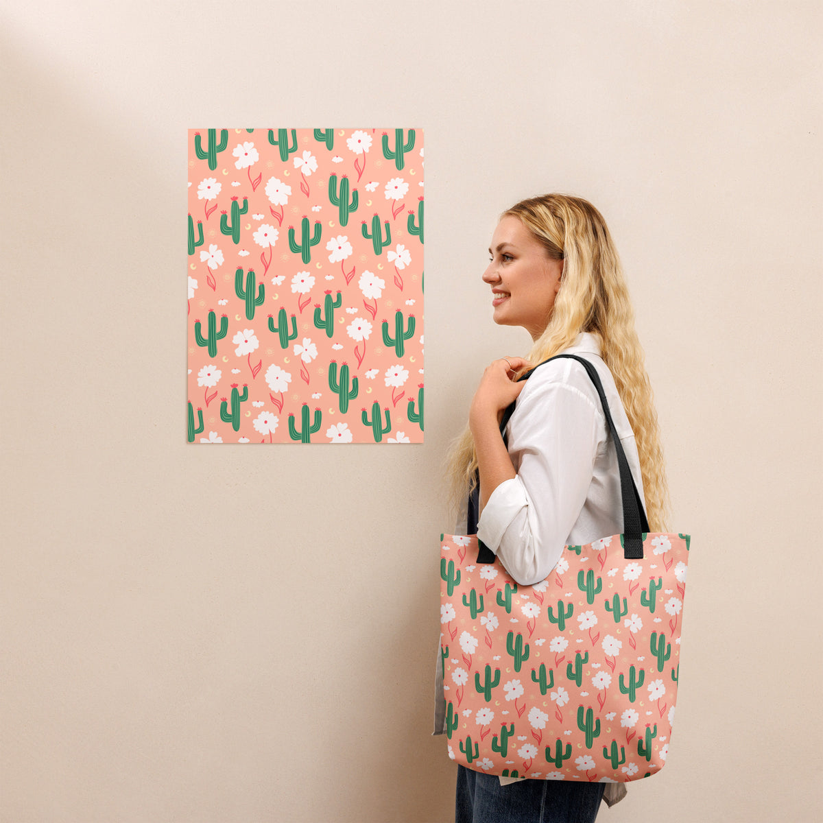 Peach Cactus Floral Tote Bag – Desert Wildflower Southwestern Celestial Everyday Carryall