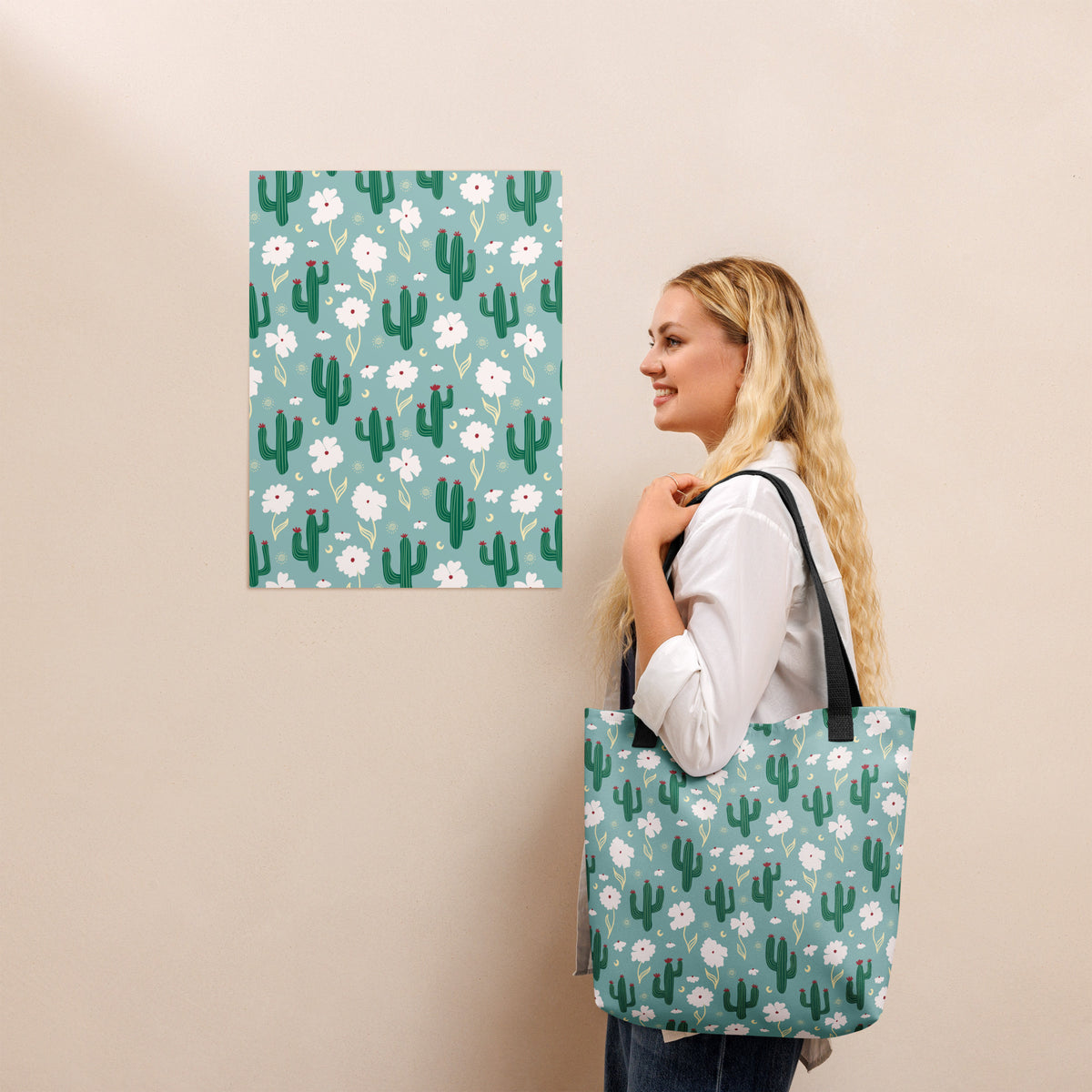 Blue Cactus Floral Tote Bag – Desert Wildflower Southwestern Celestial Everyday Carryall