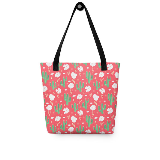 Coral Cactus Floral Tote Bag – Bright Desert Wildflower Celestial Everyday Carryall